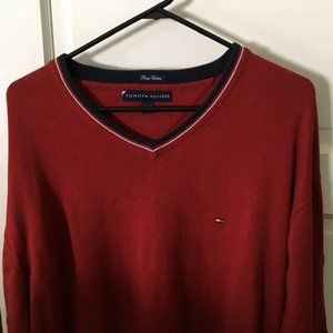 TOMMY HILFIGER, PIMA Cotton Maroon Red Pull Over V-neck Navy Trim, Size XXL